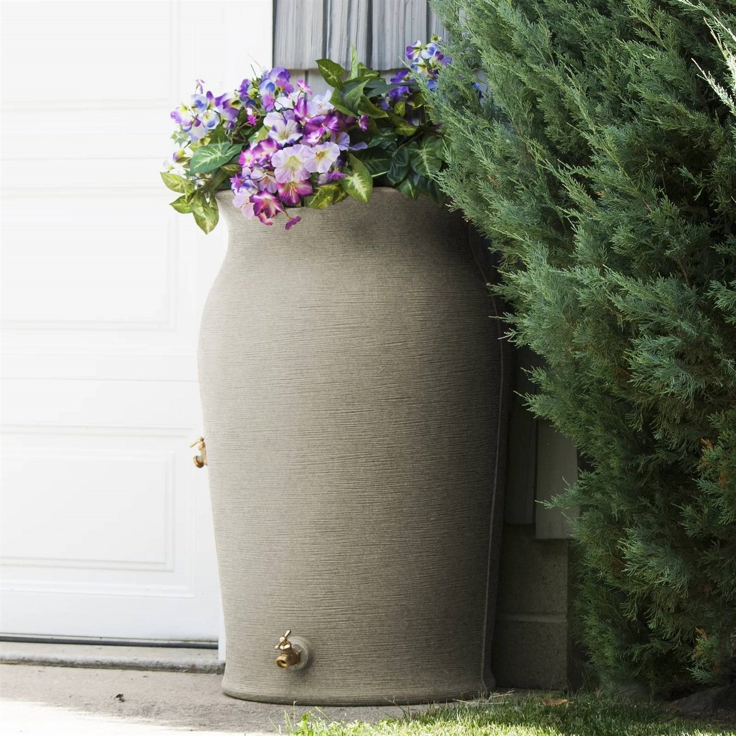 Grey Sandstone 50-Gallon Plastic Urn Rain Barrel with Planter Top