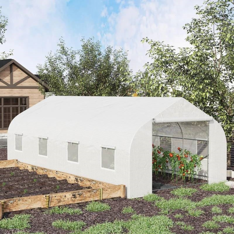 19.5 Ft x 9.8 Ft Outdoor Greenhouse w/ White PE Cover and Heavy Duty Steel Frame *