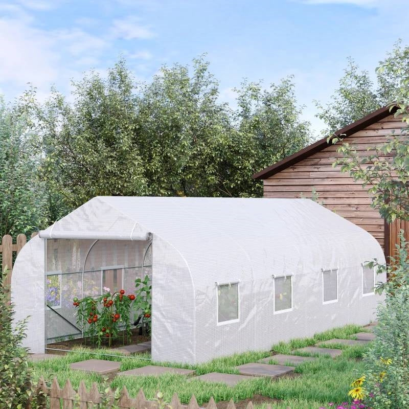 19.5 Ft x 9.8 Ft Outdoor Greenhouse w/ White PE Cover and Heavy Duty Steel Frame *
