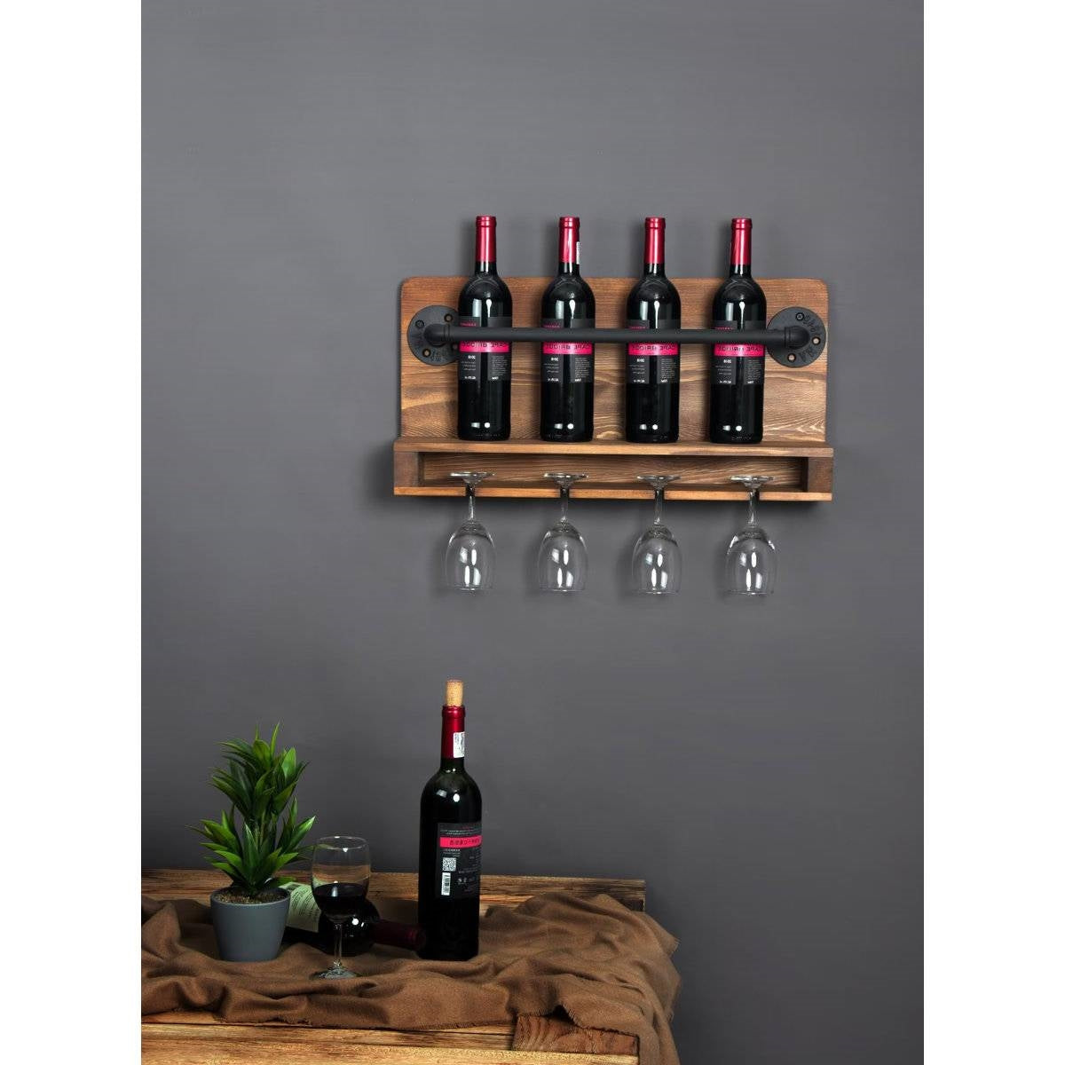 4 Bottle Rustic Farmhouse Wall Mounted Wine Rack with Glass Holder