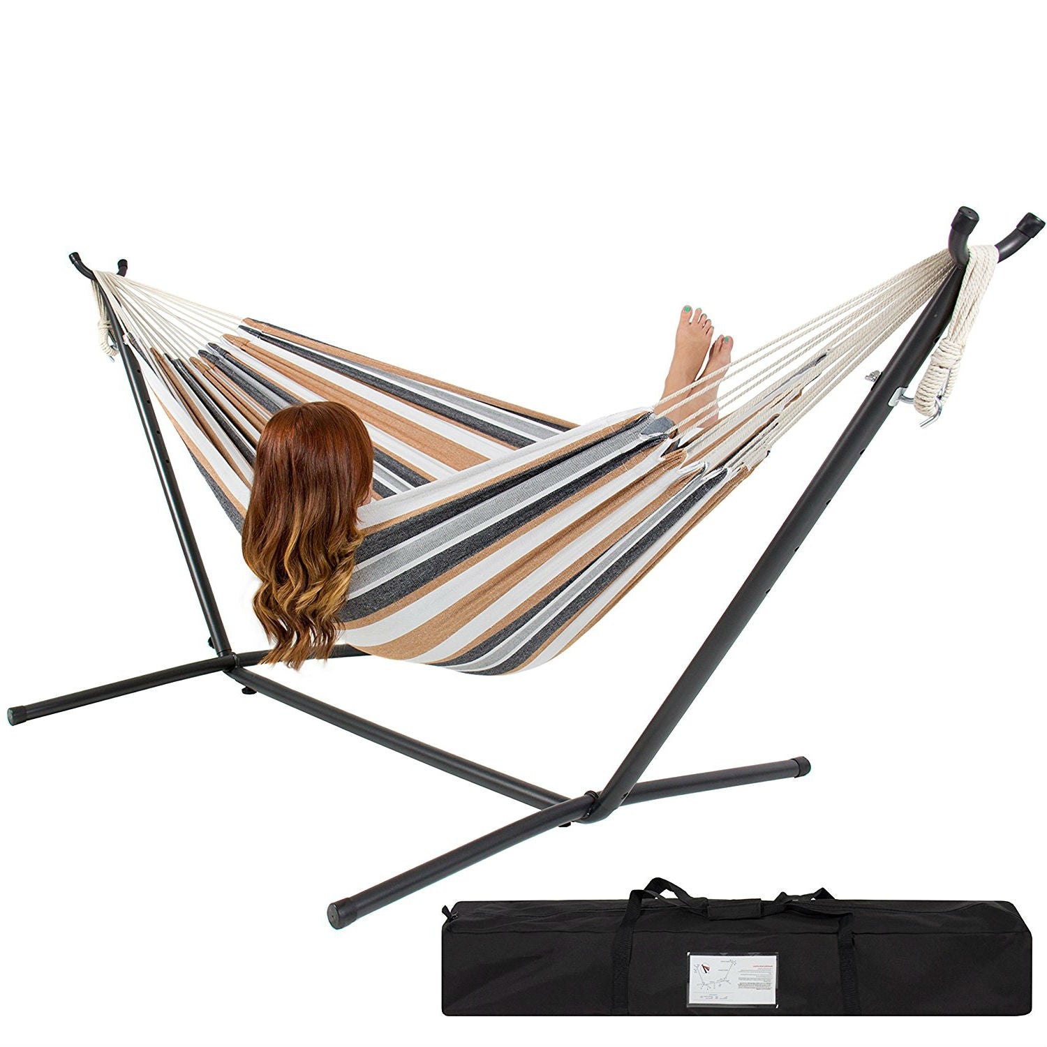 Portable Cotton Hammock in Desert Stripe with Metal Stand and Carry Case *