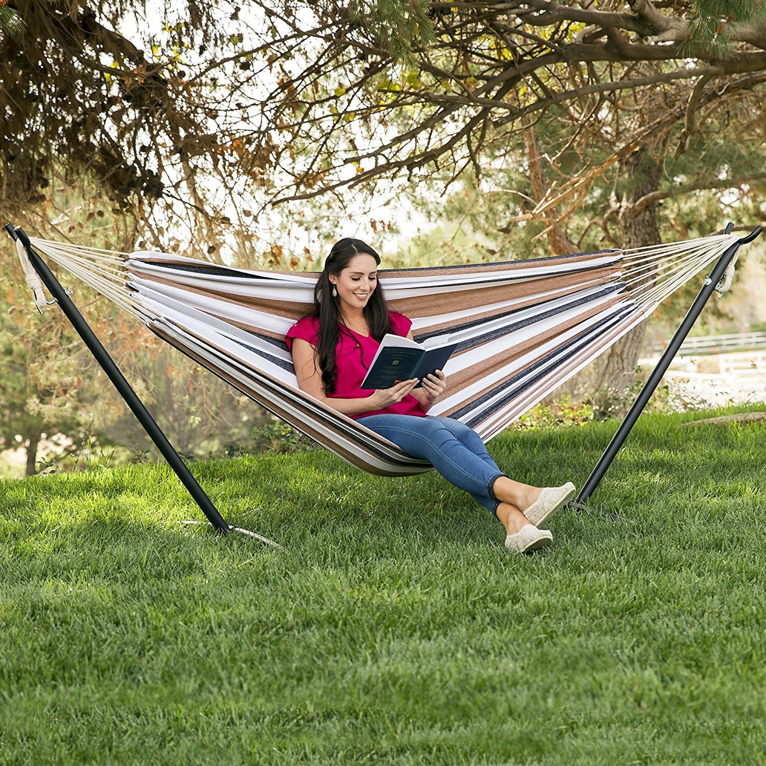 Portable Cotton Hammock in Desert Stripe with Metal Stand and Carry Case *
