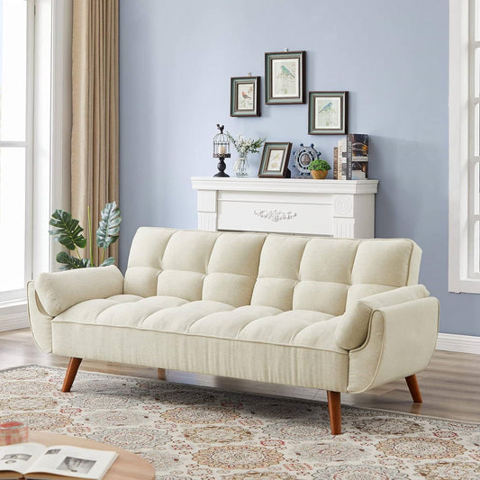 Beautiful Mid-Century Modern Sleeper Sofa Bed in Beige Linen Polyester Tufted Upholstery