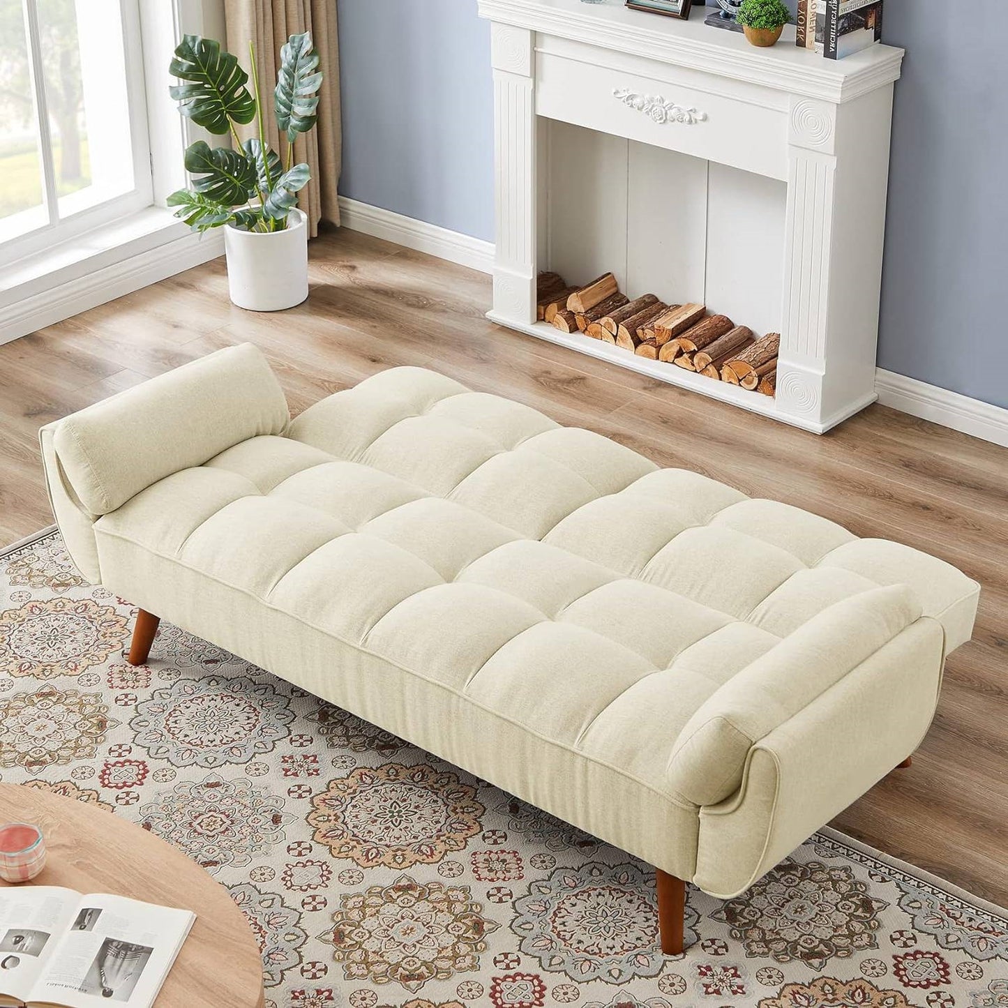 Beautiful Mid-Century Modern Sleeper Sofa Bed in Beige Linen Polyester Tufted Upholstery