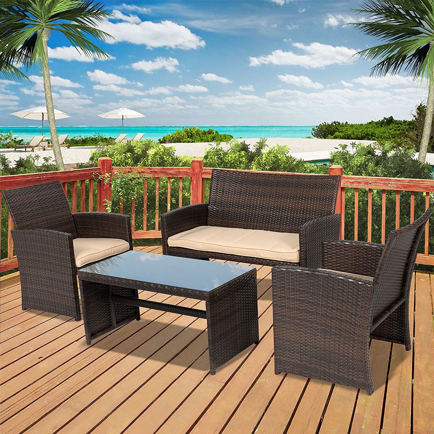 Brown Resin Wicker 4-Piece Modern Patio Furniture Set with Beige Cushions *