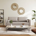 Beige Upholstered Faux Leather Sofa w/ Pillows Solid Hardwood Legs