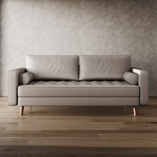 Beige Upholstered Faux Leather Sofa w/ Pillows Solid Hardwood Legs