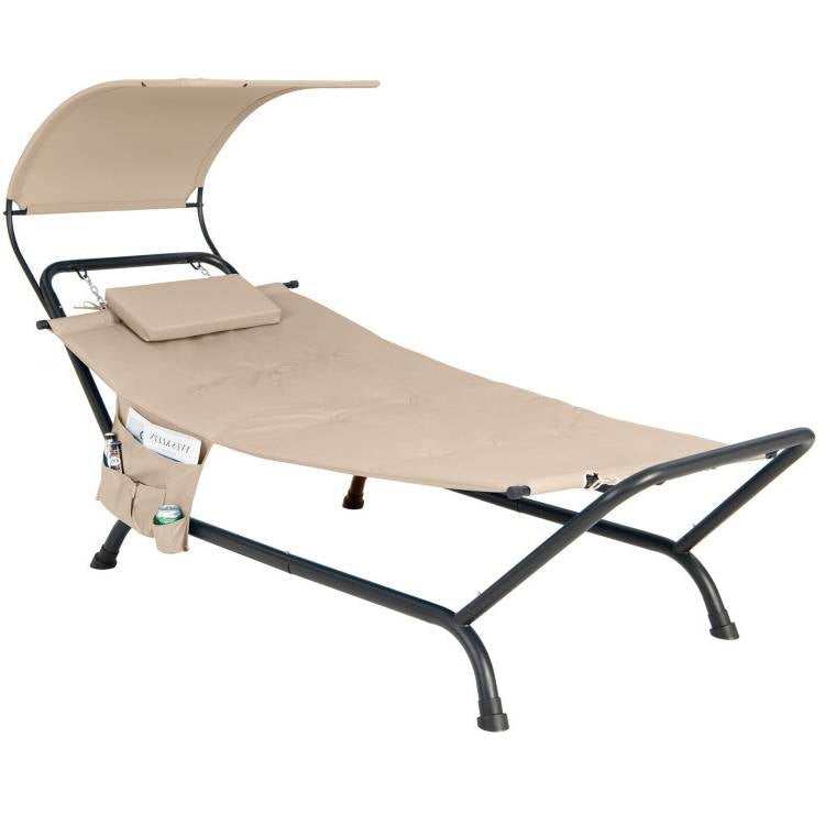 Outdoor Tan Hammock Style Chaise Lounge Chair Cot with Canopy and Storage Bag *