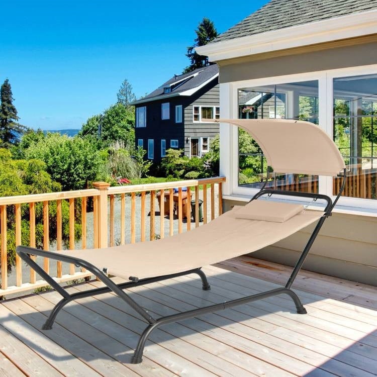 Outdoor Tan Hammock Style Chaise Lounge Chair Cot with Canopy and Storage Bag *
