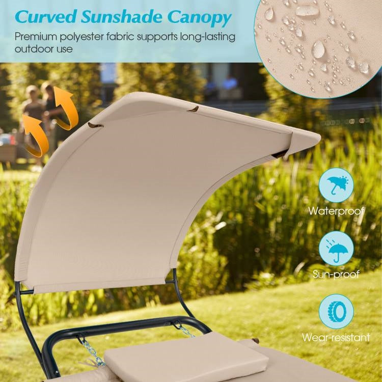 Outdoor Tan Hammock Style Chaise Lounge Chair Cot with Canopy and Storage Bag