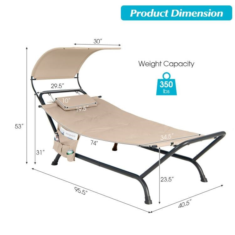 Outdoor Tan Hammock Style Chaise Lounge Chair Cot with Canopy and Storage Bag *