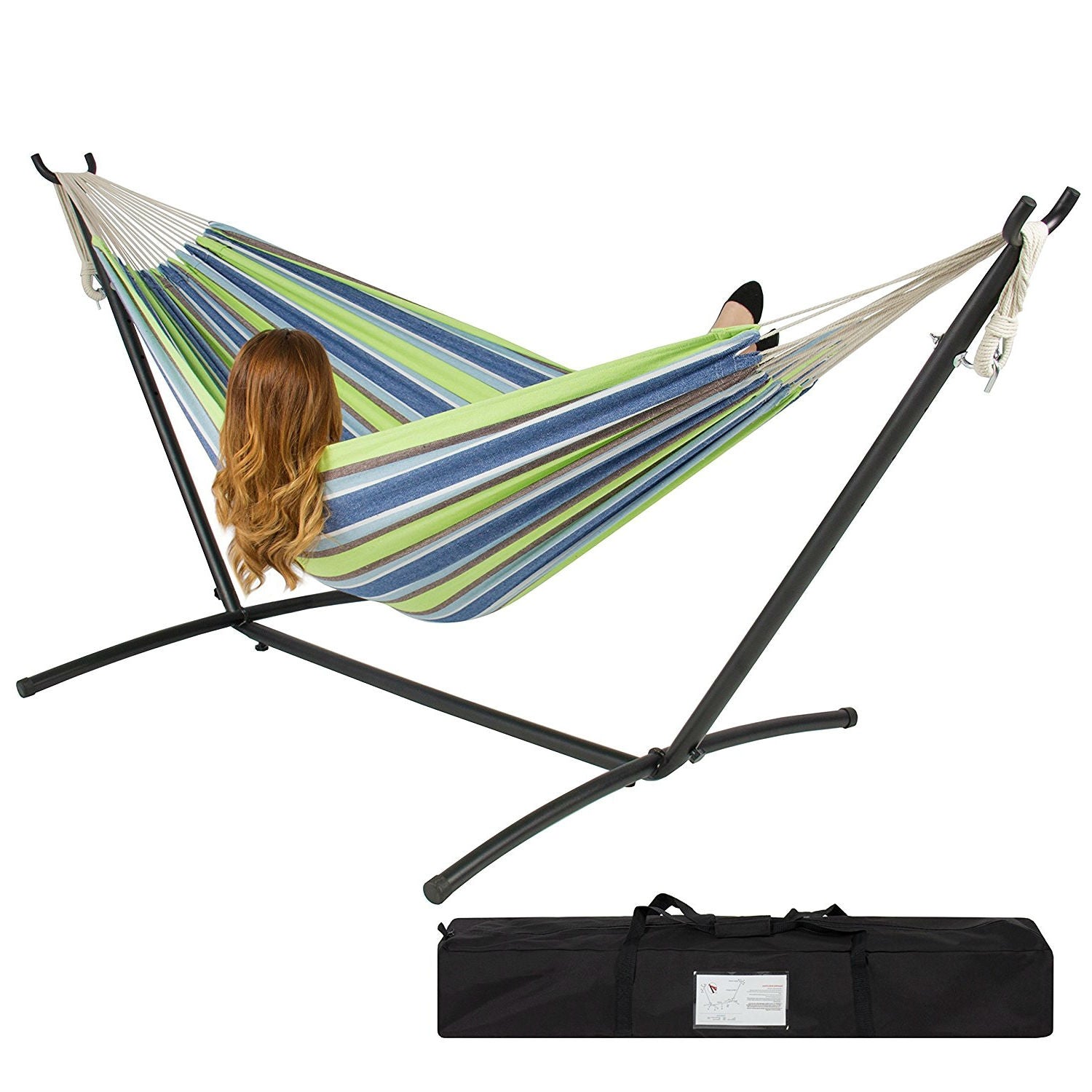 Portable Blue Green Stripe Cotton Hammock with Metal Stand and Carry Case *