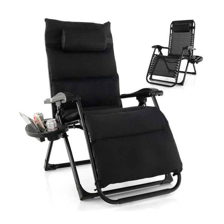 Black Zero Gravity Adjustable Lounge Chair Removable Cushion Cup Holder Tray *