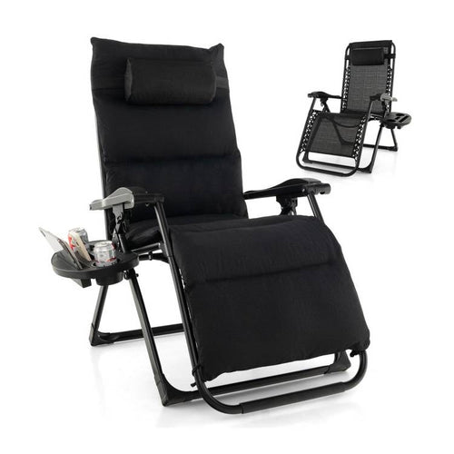 Black Zero Gravity Adjustable Lounge Chair Removable Cushion Cup Holder Tray *