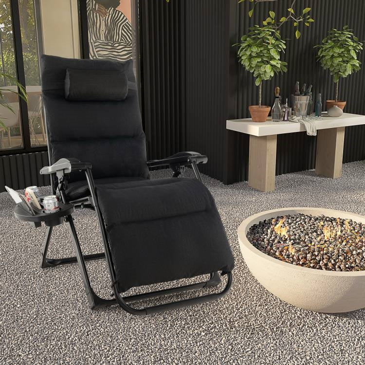 Black Zero Gravity Adjustable Lounge Chair Removable Cushion Cup Holder Tray *