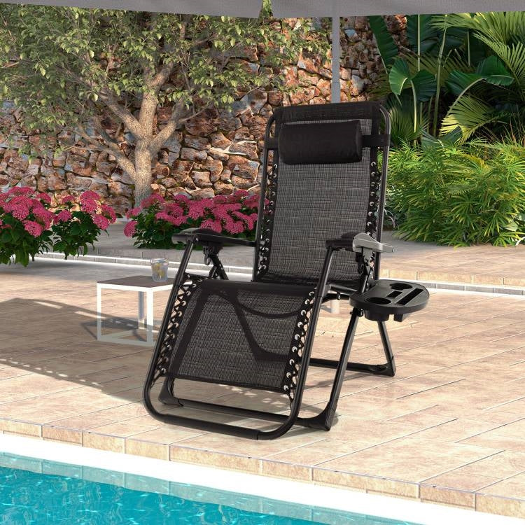 Black Zero Gravity Adjustable Lounge Chair Removable Cushion Cup Holder Tray *