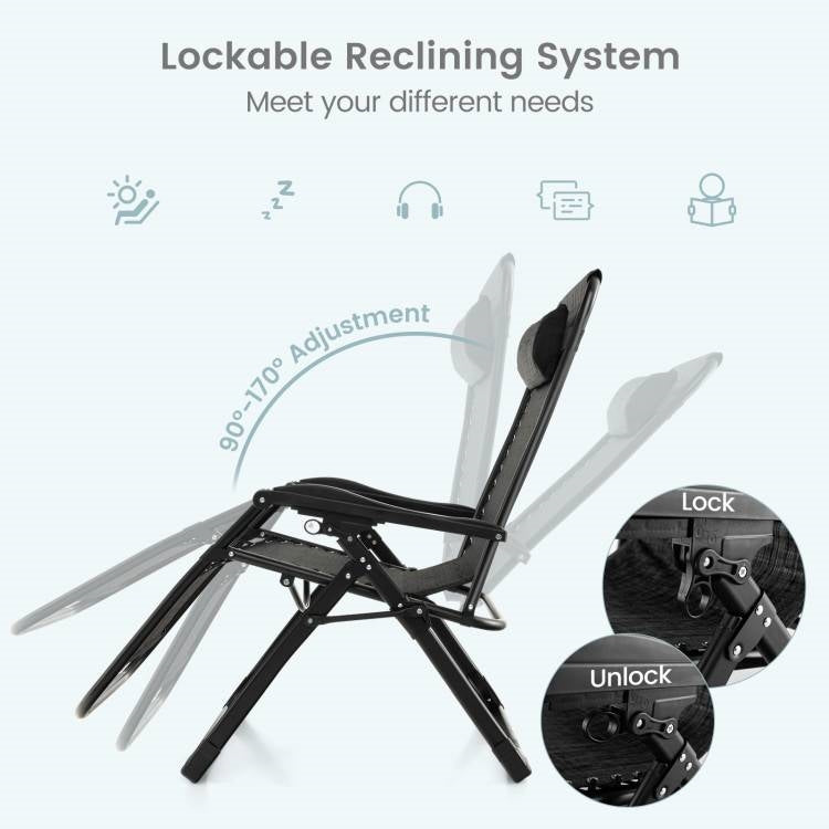 Black Zero Gravity Adjustable Lounge Chair Removable Cushion Cup Holder Tray *