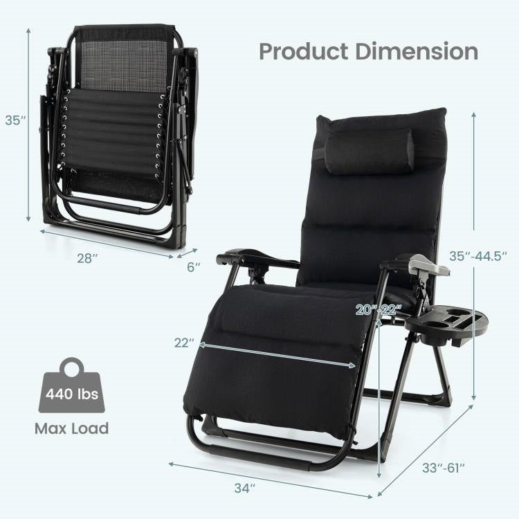 Black Zero Gravity Adjustable Lounge Chair Removable Cushion Cup Holder Tray *