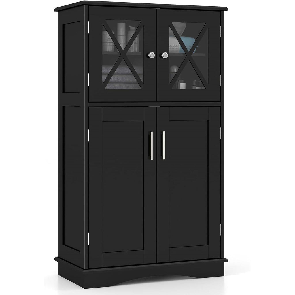 Bathroom Towel Linen Cabinet with Glass Doors and Storage Shelves