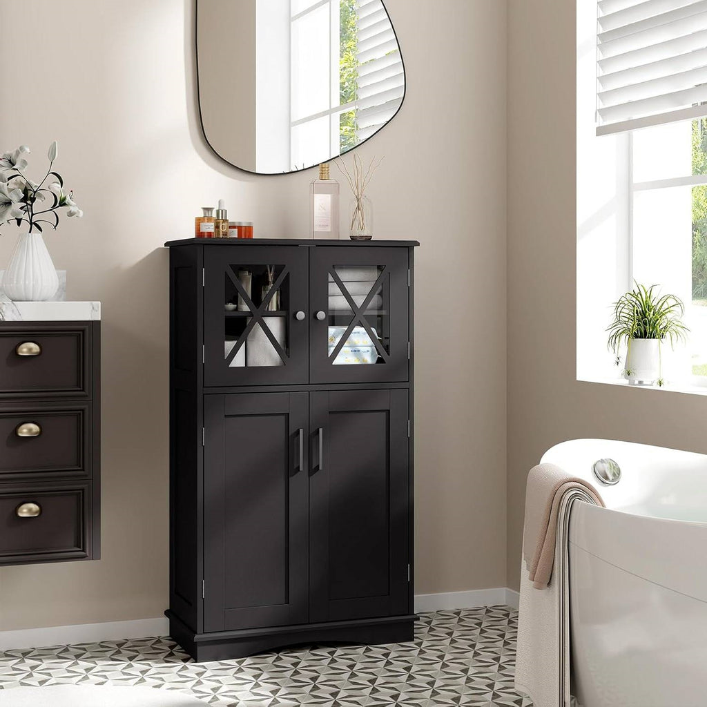 Bathroom Towel Linen Cabinet with Glass Doors and Storage Shelves