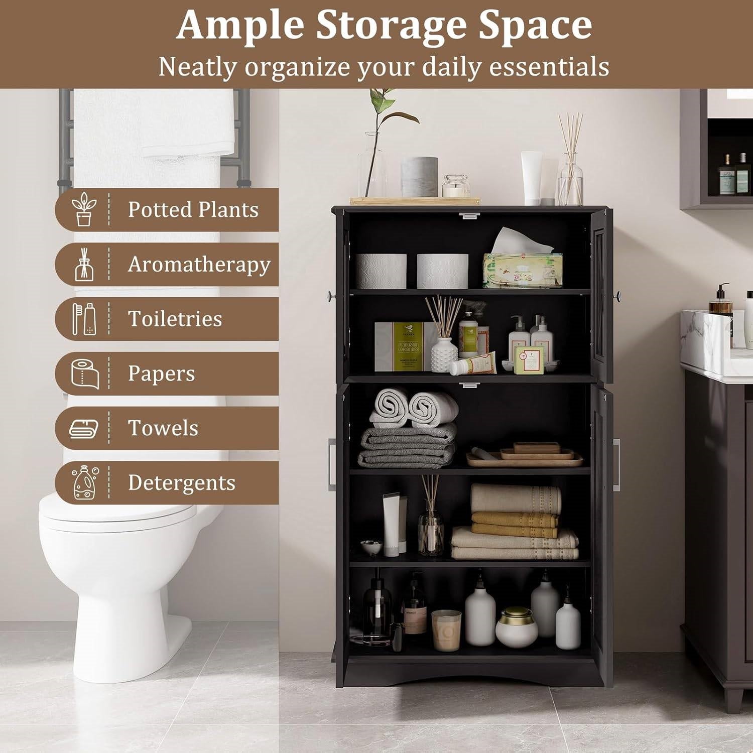 Bathroom Towel Linen Cabinet with Glass Doors and Storage Shelves
