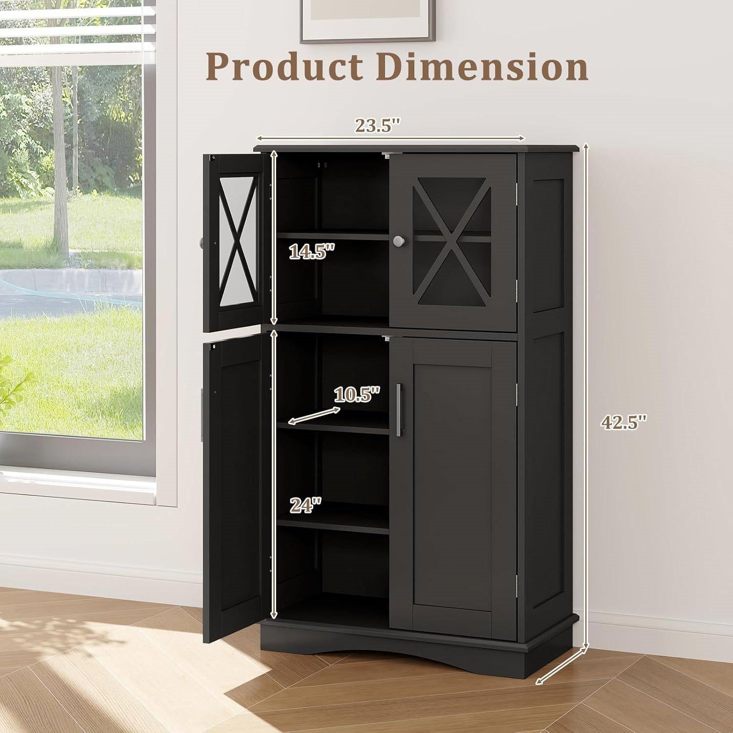 Bathroom Towel Linen Cabinet with Glass Doors and Storage Shelves