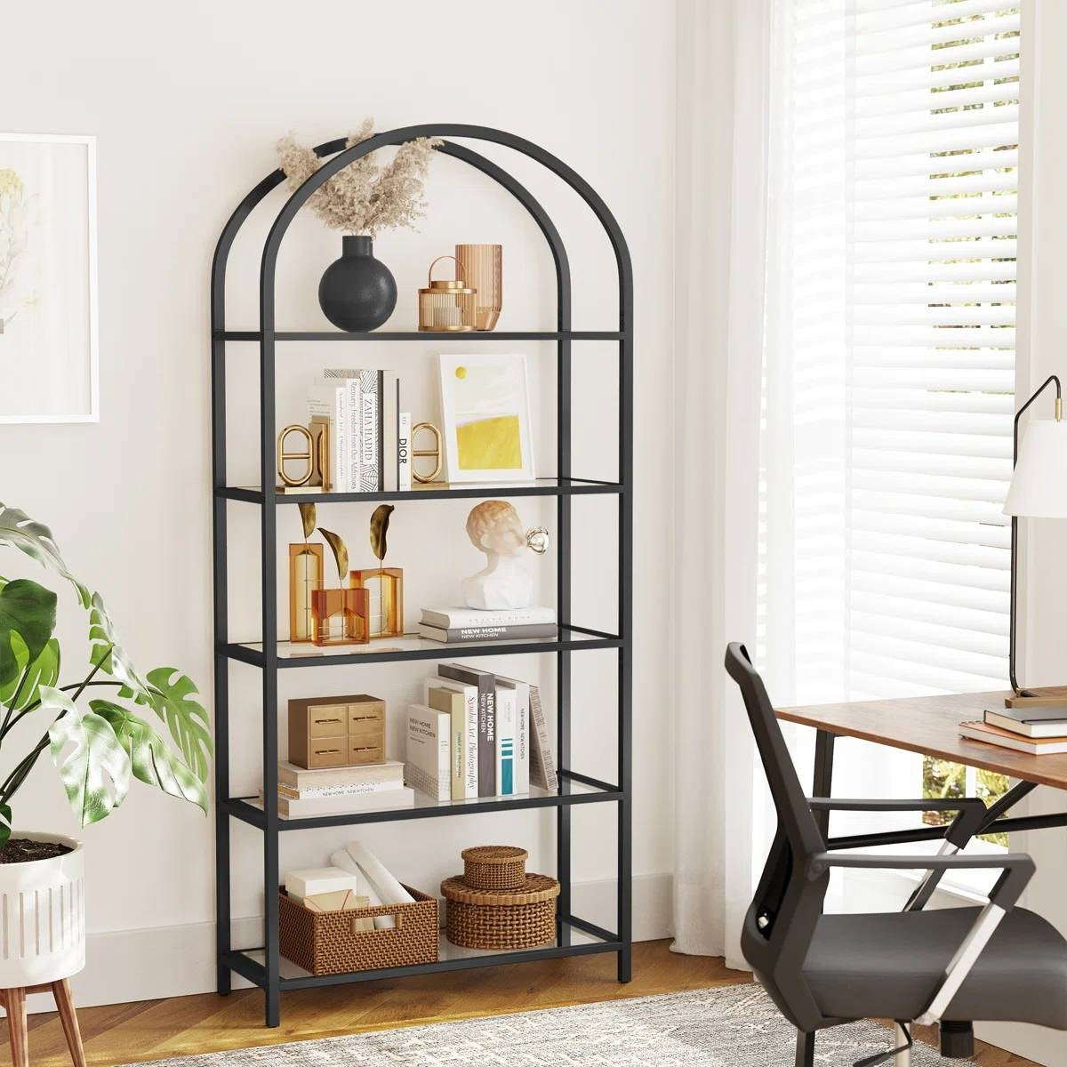 Modern Metal Arched Top Display Rack Bookcase with 5 Glass Storage Shelves