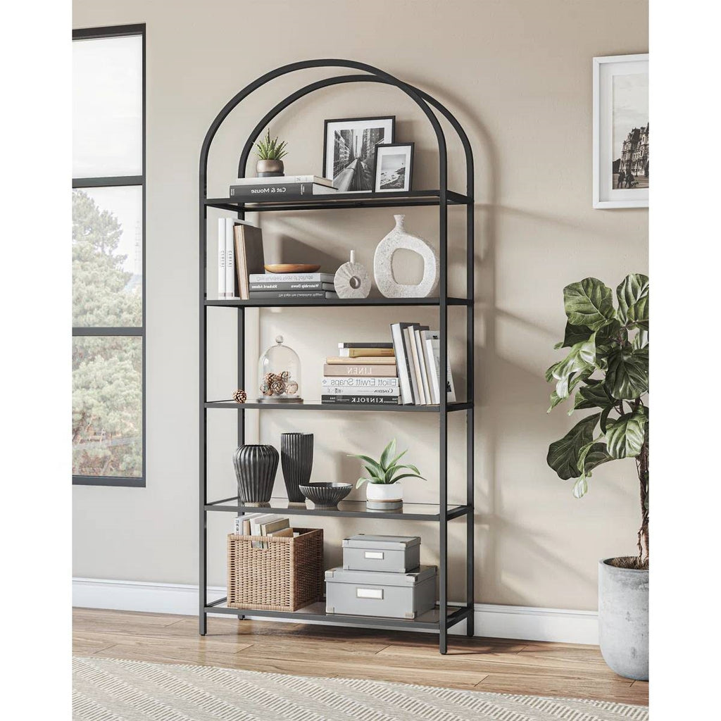 Modern Metal Arched Top Display Rack Bookcase with 5 Glass Storage Shelves