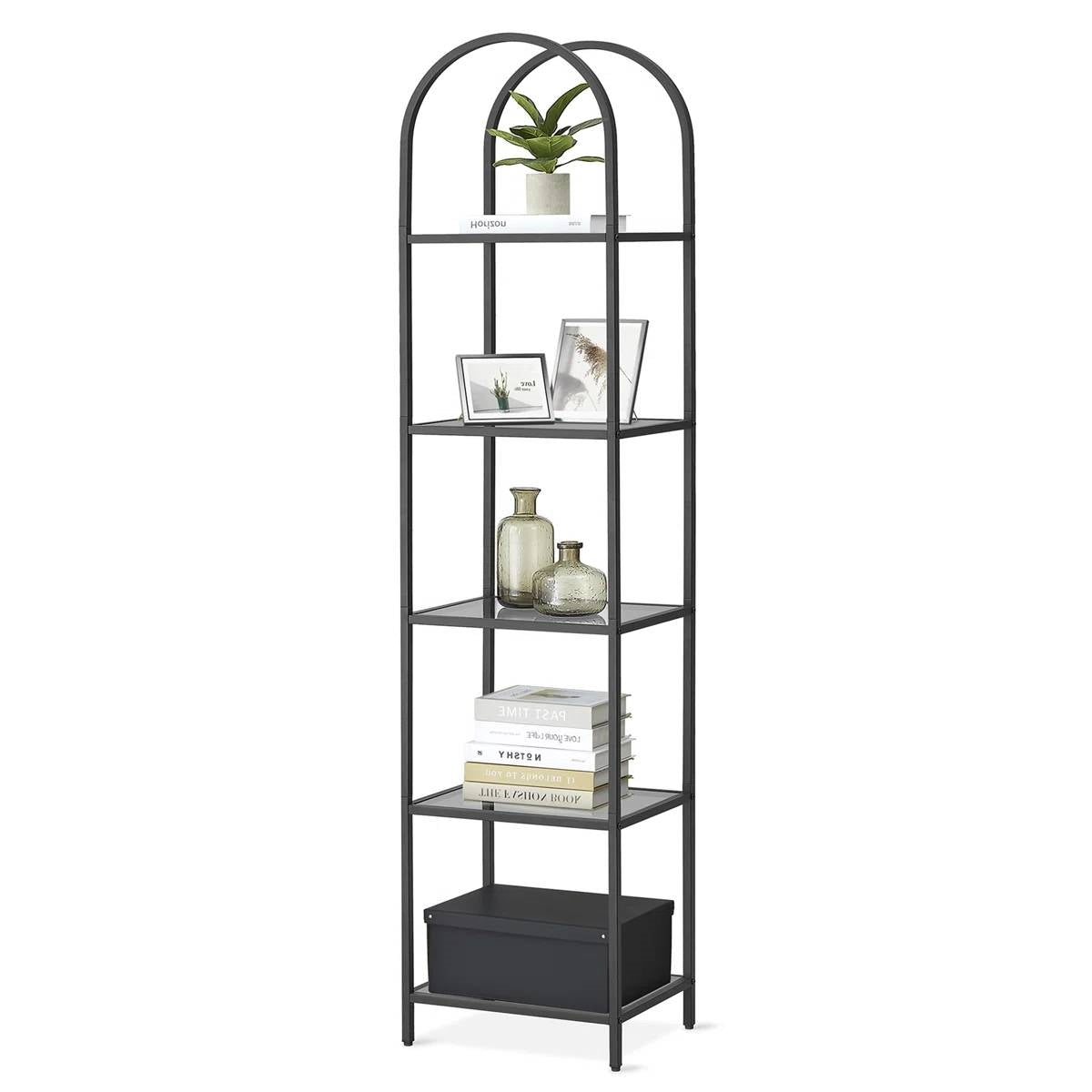 Arched Top Metal Display Rack Narrow Bookcase with 5 Glass Storage Shelves