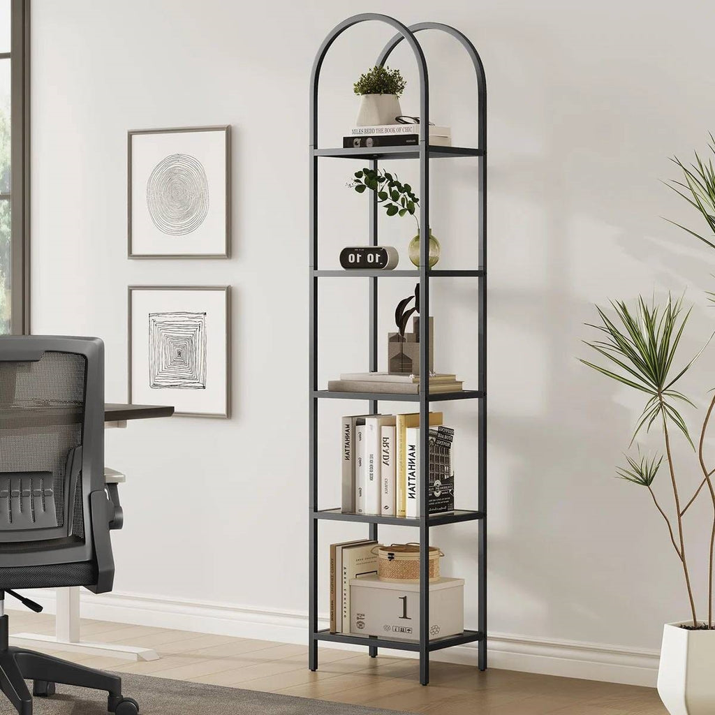 Arched Top Metal Display Rack Narrow Bookcase with 5 Glass Storage Shelves