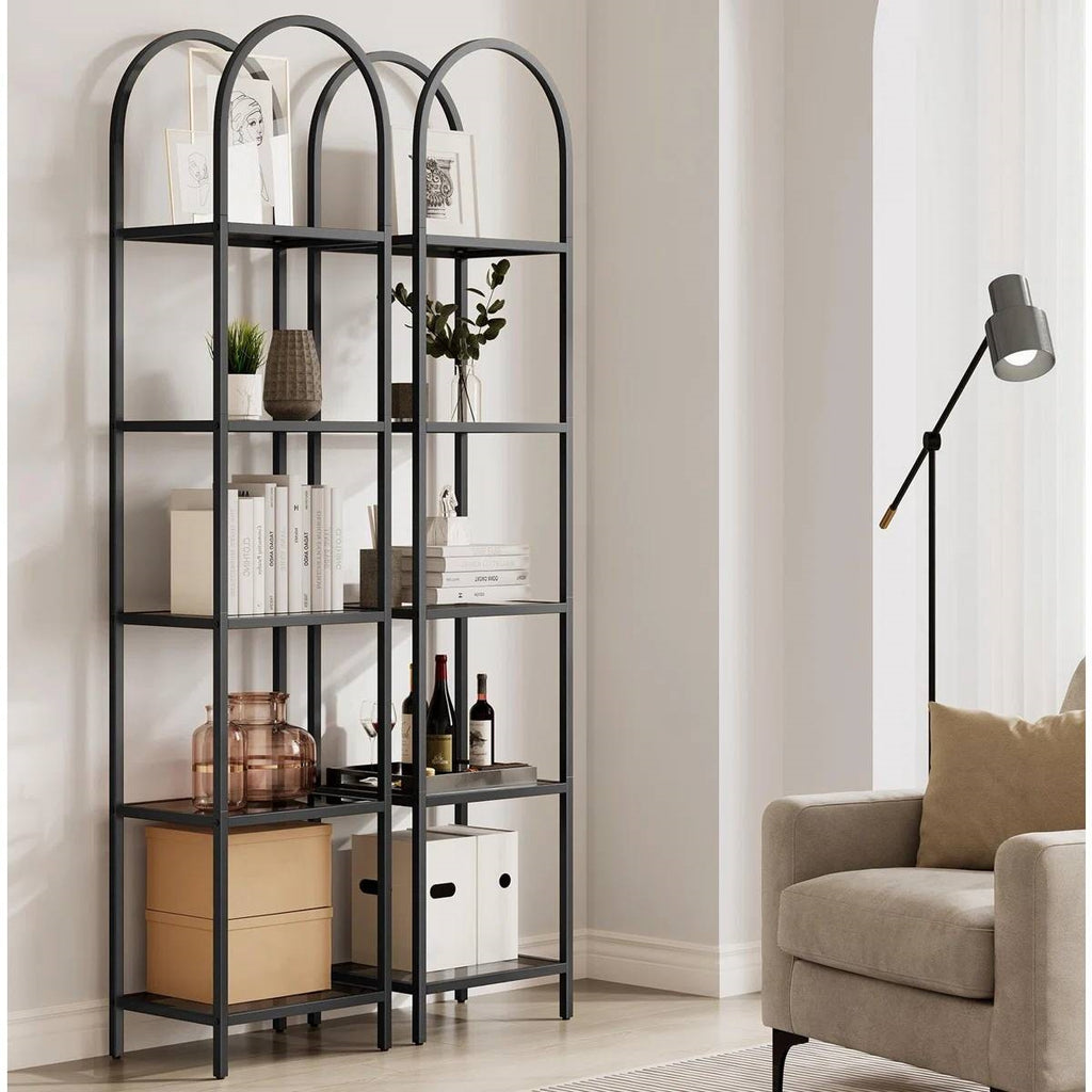 Arched Top Metal Display Rack Narrow Bookcase with 5 Glass Storage Shelves