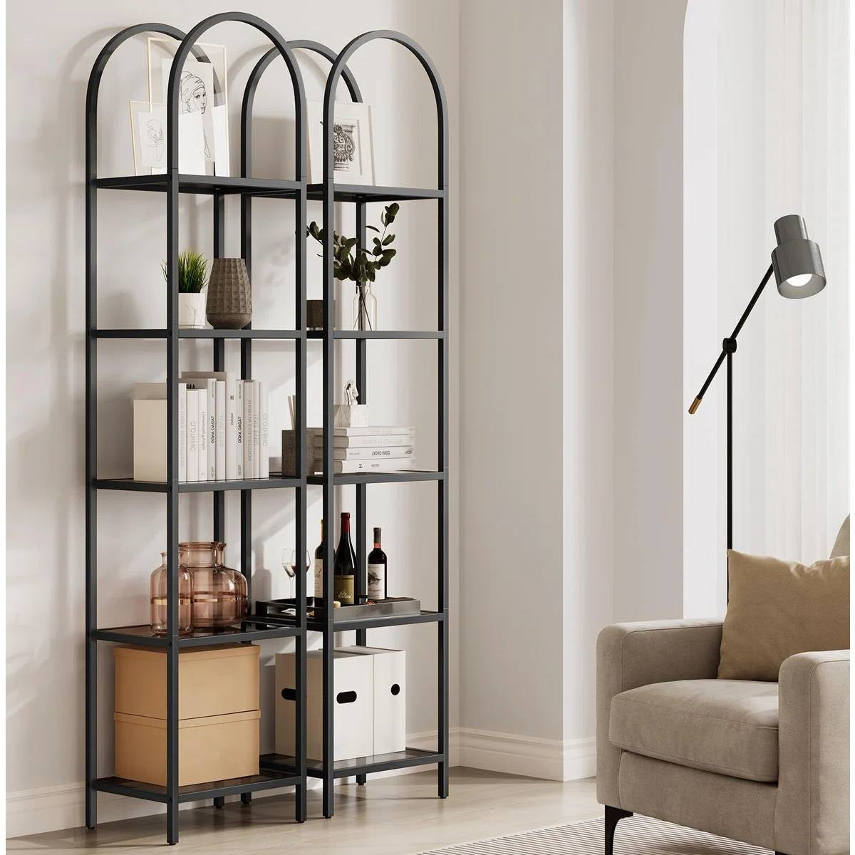 Arched Top Metal Display Rack Narrow Bookcase with 5 Glass Storage Shelves