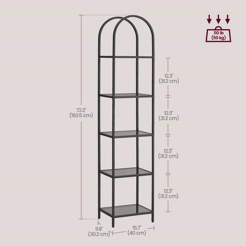 Arched Top Metal Display Rack Narrow Bookcase with 5 Glass Storage Shelves