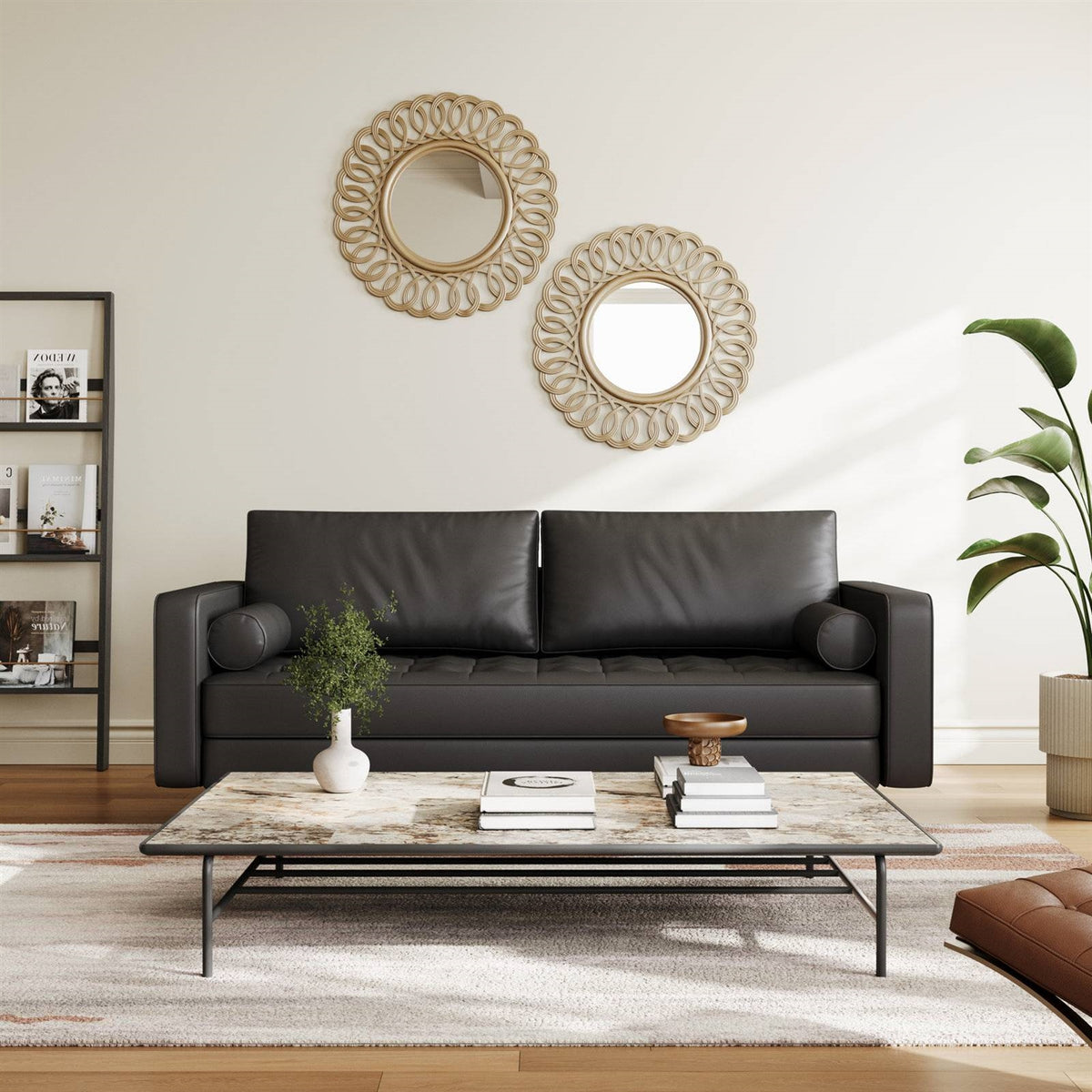 Black Upholstered Faux Leather Sofa w/ Pillows Solid Hardwood Legs