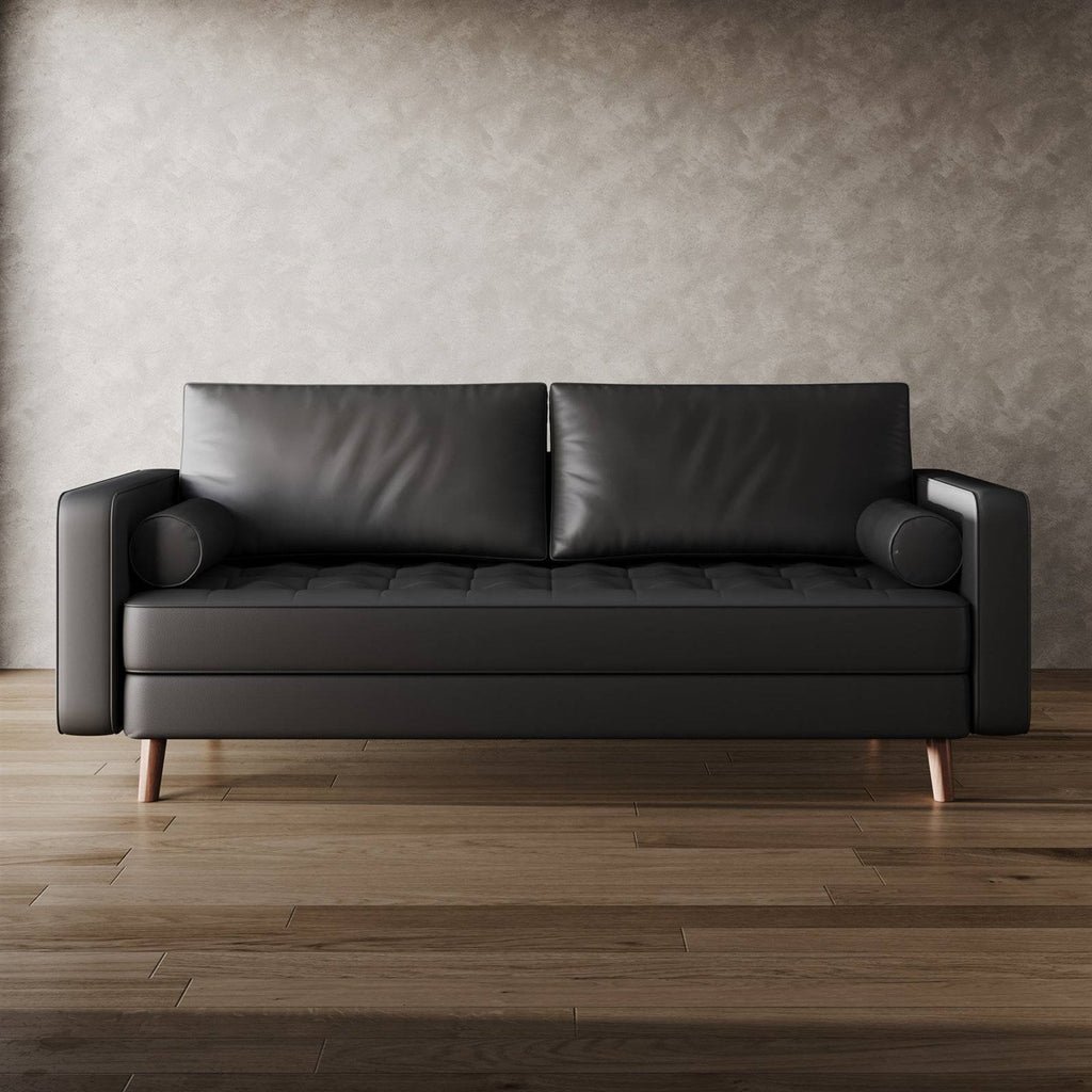 Black Upholstered Faux Leather Sofa w/ Pillows Solid Hardwood Legs