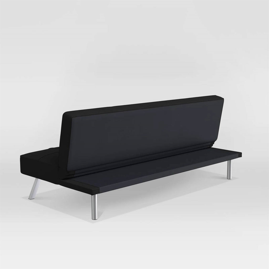 Modern Futon Sofa Bed in Black Fabric with Chrome Metal Legs