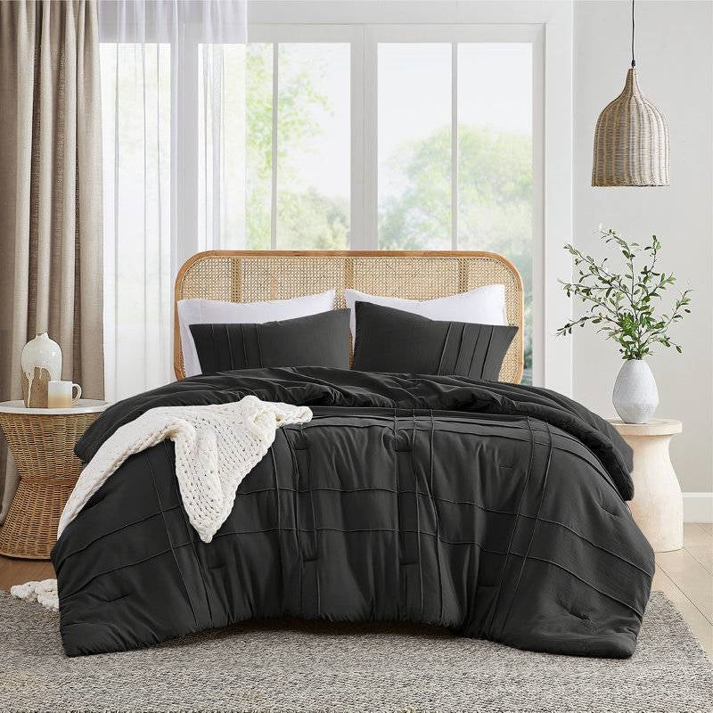 Pre-Washed Pleated Microfiber Comforter Set in Black