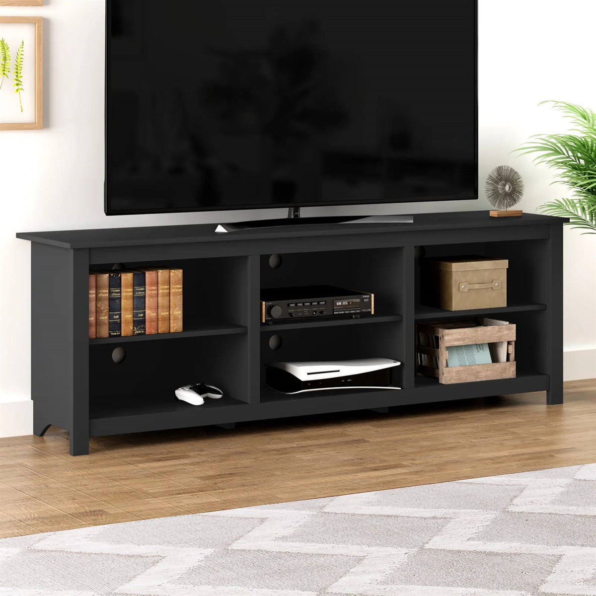 Farmhouse TV Stand in Black Wood Finish - for TVs up to 70-inch