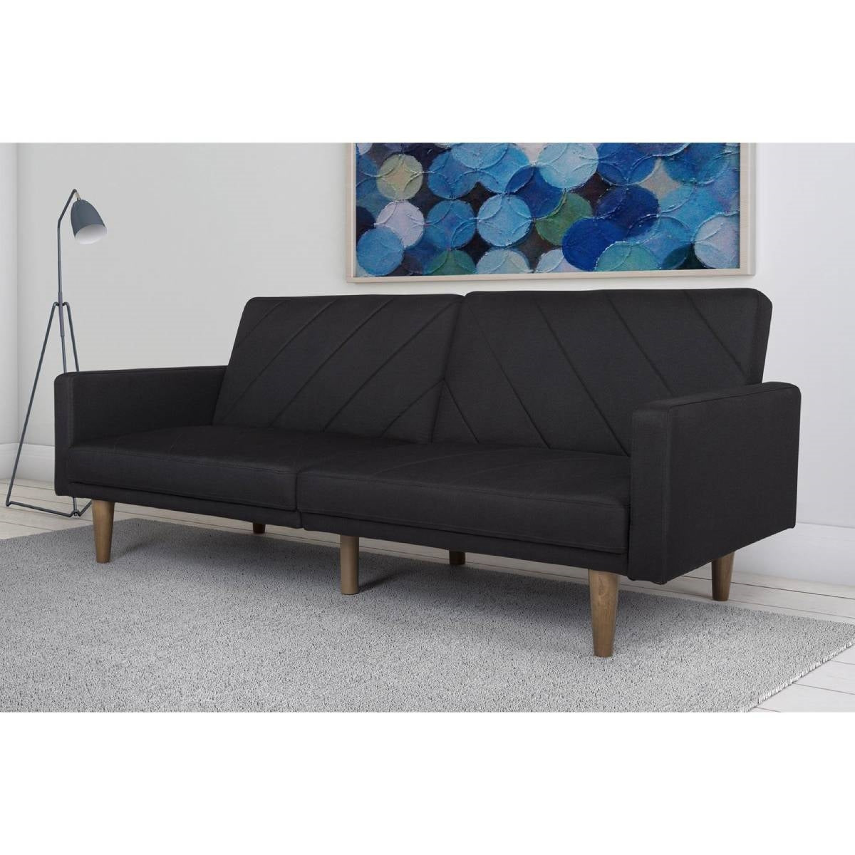 Black Mid-Century Modern Linen Upholstered Sofa Bed with Classic Wood Legs