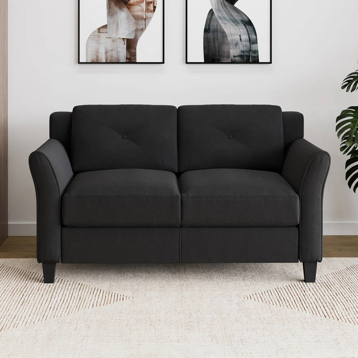 Modern Upholstered Loveseat Sofa in Black Microfiber with Button Tufted Cushions