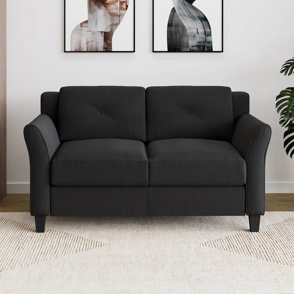 Modern Upholstered Loveseat Sofa in Black Microfiber with Button Tufted Cushions