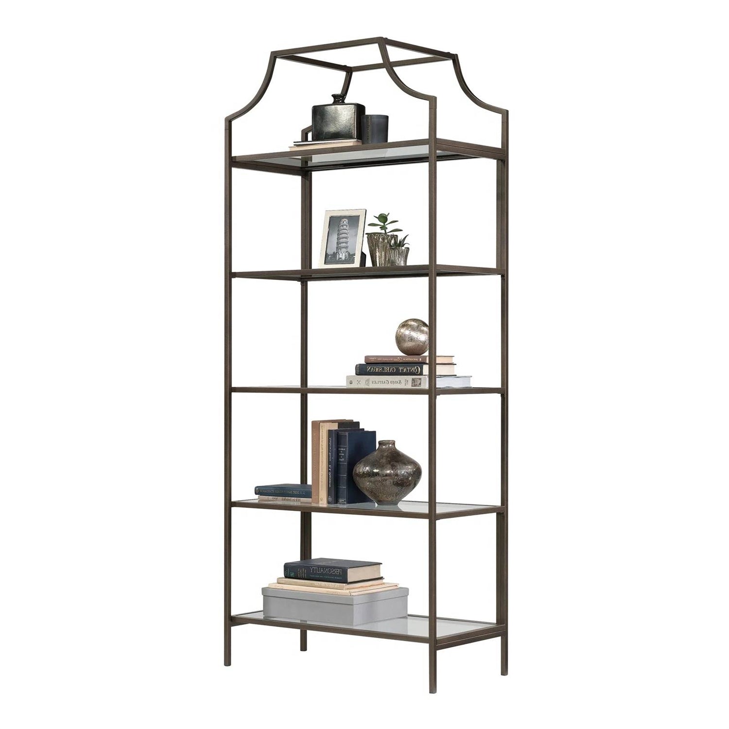 Elegant Bronze Metal Display Rack Etagere Bookcase with 5 Glass Storage Shelves