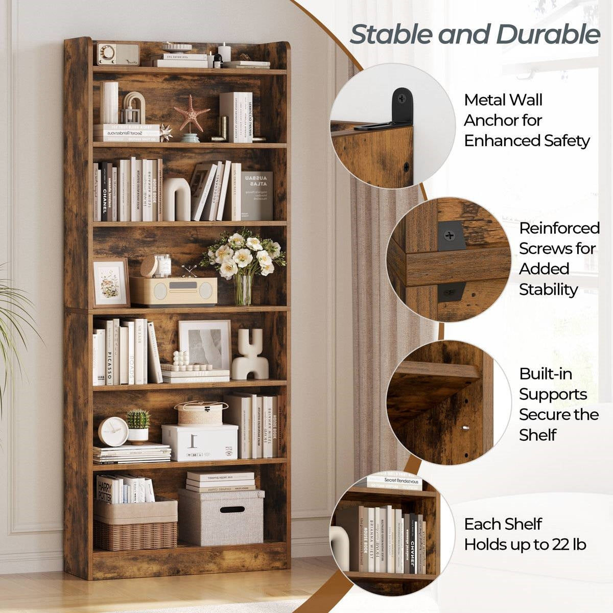 7-Tier Tall Modern Bookcase Space-Saving Storage Shelf