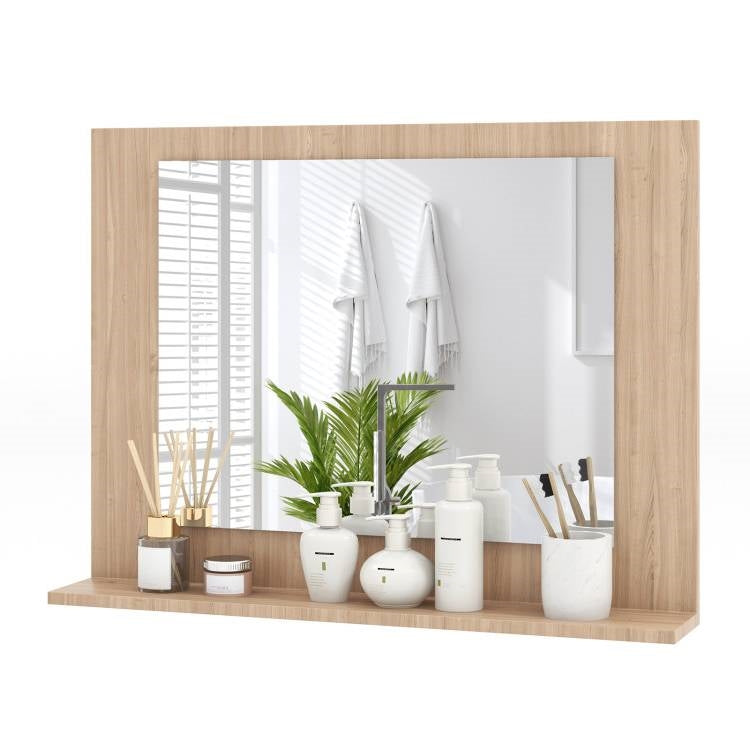 Rectangular Bathroom Wall Mirror with Storage Shelf and Wood Frame