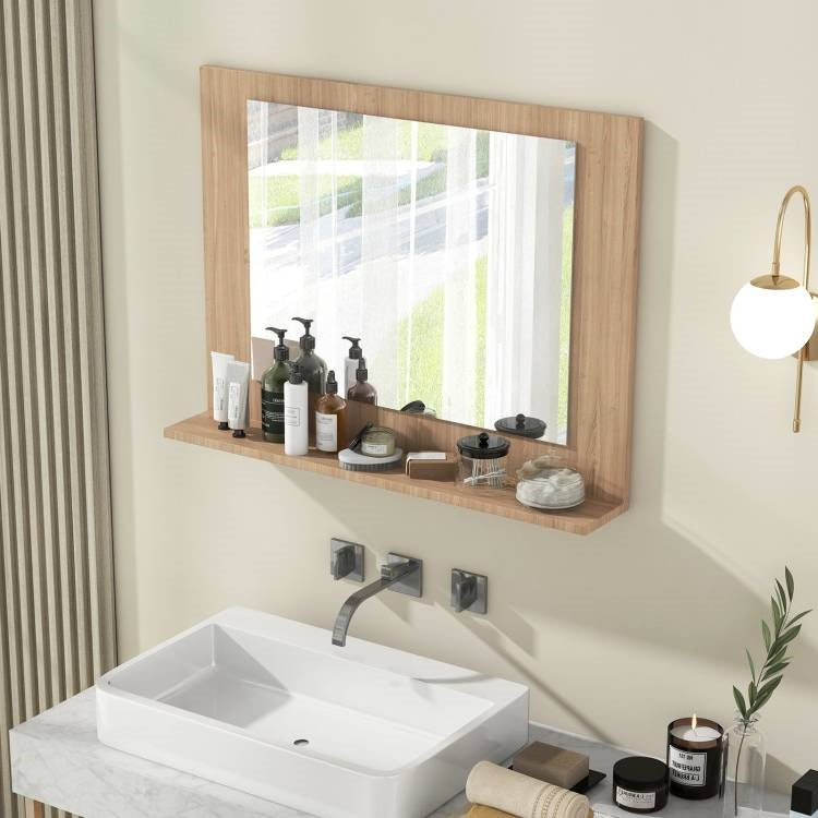 Rectangular Bathroom Wall Mirror with Storage Shelf and Wood Frame
