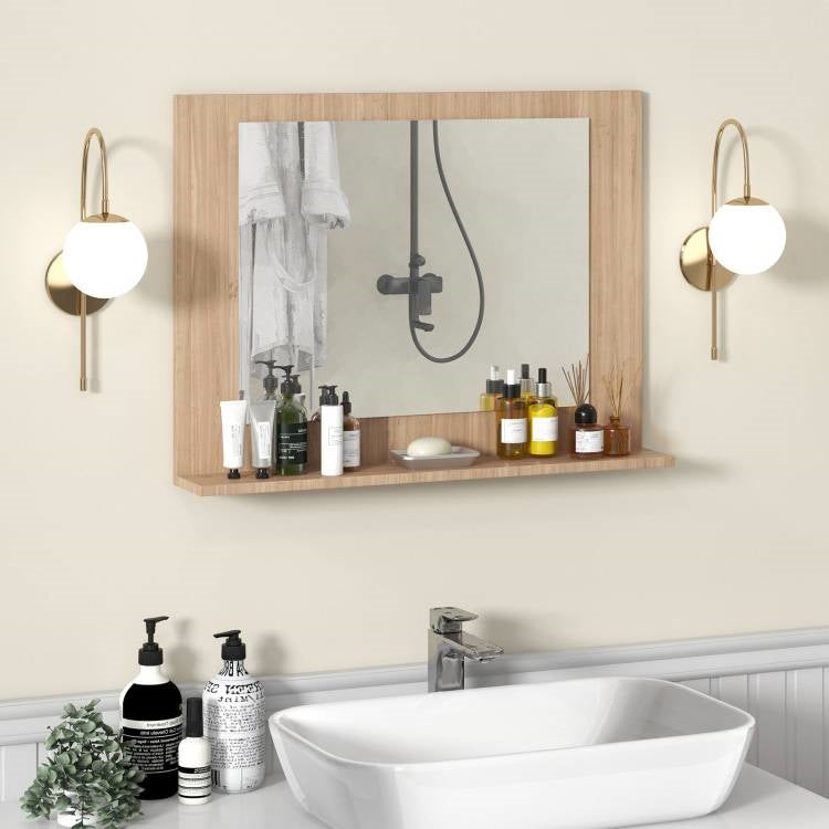 Rectangular Bathroom Wall Mirror with Storage Shelf and Wood Frame