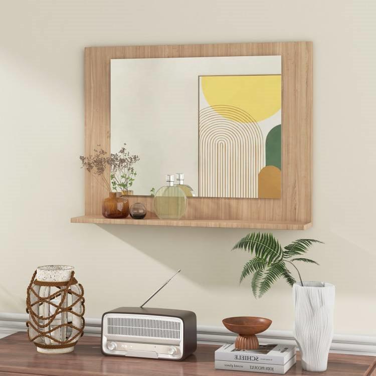 Rectangular Bathroom Wall Mirror with Storage Shelf and Wood Frame