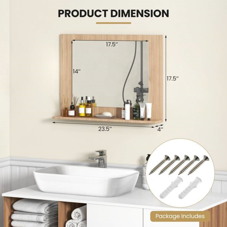 Rectangular Bathroom Wall Mirror with Storage Shelf and Wood Frame