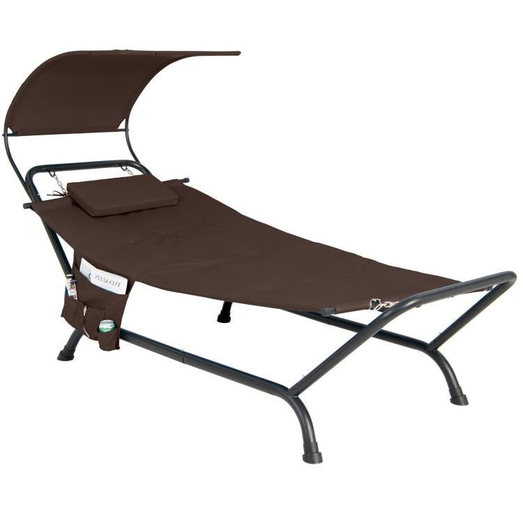Brown Outdoor Hammock Style Chaise Lounge Chair Cot with Canopy and Storage Bag *