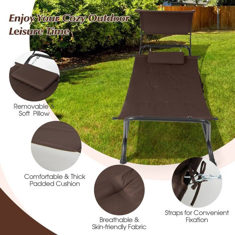 Brown Outdoor Hammock Style Chaise Lounge Chair Cot with Canopy and Storage Bag *